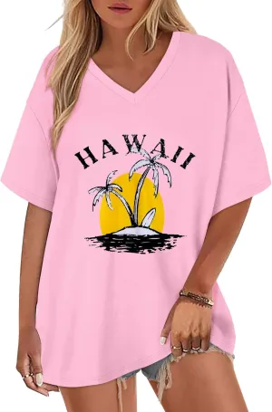 ADOREJOY Oversized Tshirts for Women V Neck Summer Short Sleeve Casual Loose Tunic Tees
