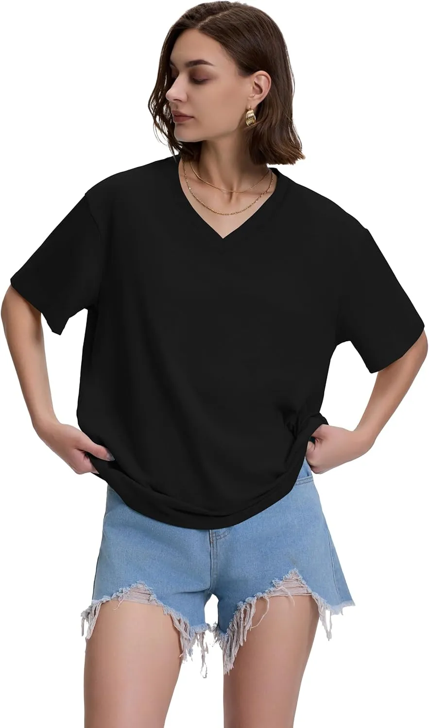 ADOREJOY Oversized Tshirts for Women V Neck Summer Short Sleeve Casual Loose Tunic Tees