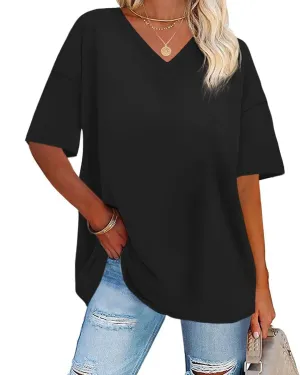 ADOREJOY Oversized Tshirts for Women V Neck Summer Short Sleeve Casual Loose Tunic Tees