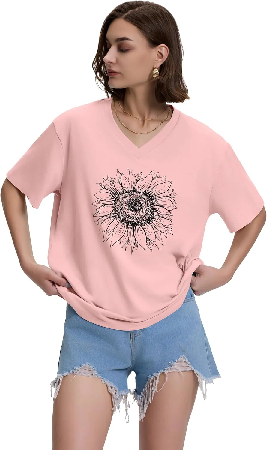 ADOREJOY Oversized Tshirts for Women V Neck Summer Short Sleeve Casual Loose Tunic Tees