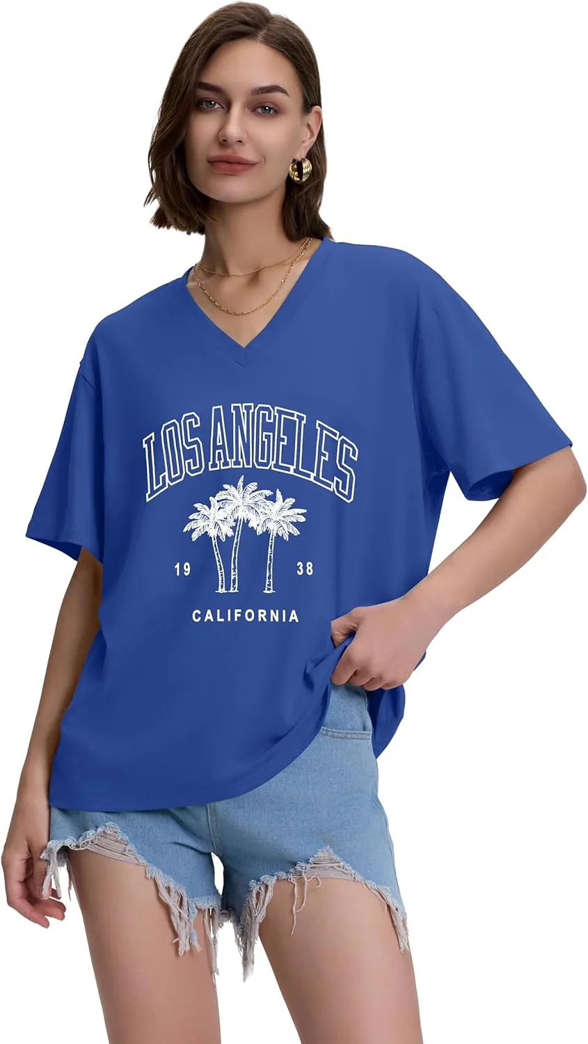 ADOREJOY Oversized Tshirts for Women V Neck Summer Short Sleeve Casual Loose Tunic Tees