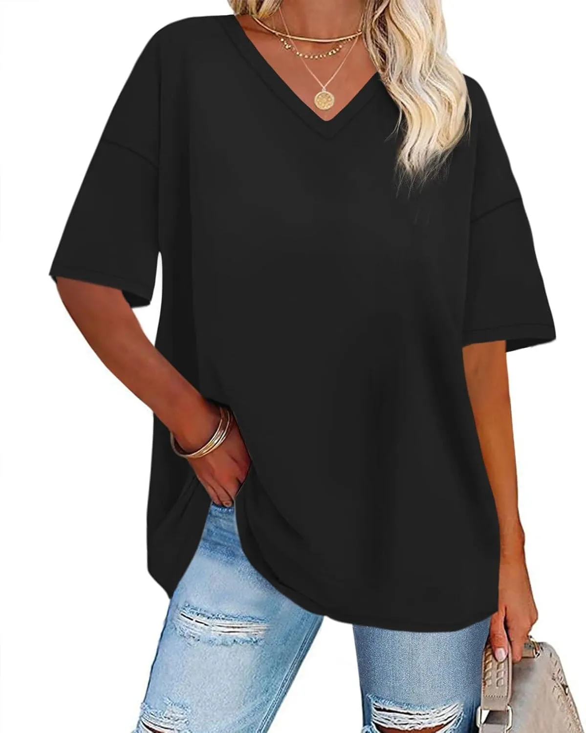 ADOREJOY Oversized Tshirts for Women V Neck Summer Short Sleeve Casual Loose Tunic Tees