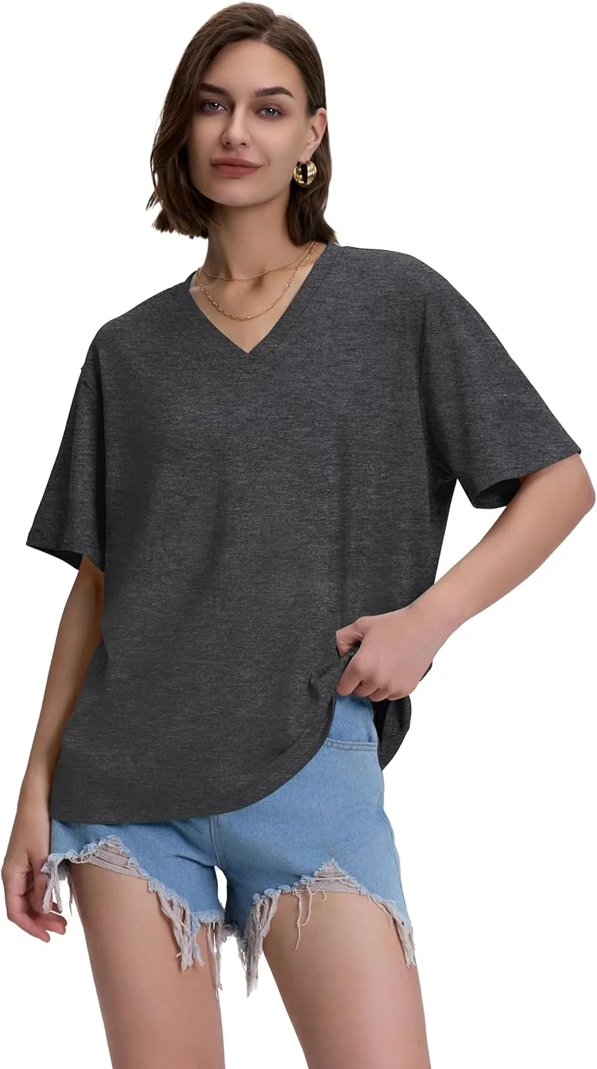 ADOREJOY Oversized Tshirts for Women V Neck Summer Short Sleeve Casual Loose Tunic Tees