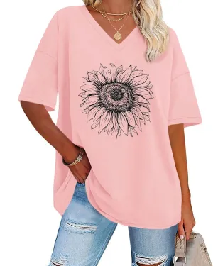 ADOREJOY Oversized Tshirts for Women V Neck Summer Short Sleeve Casual Loose Tunic Tees