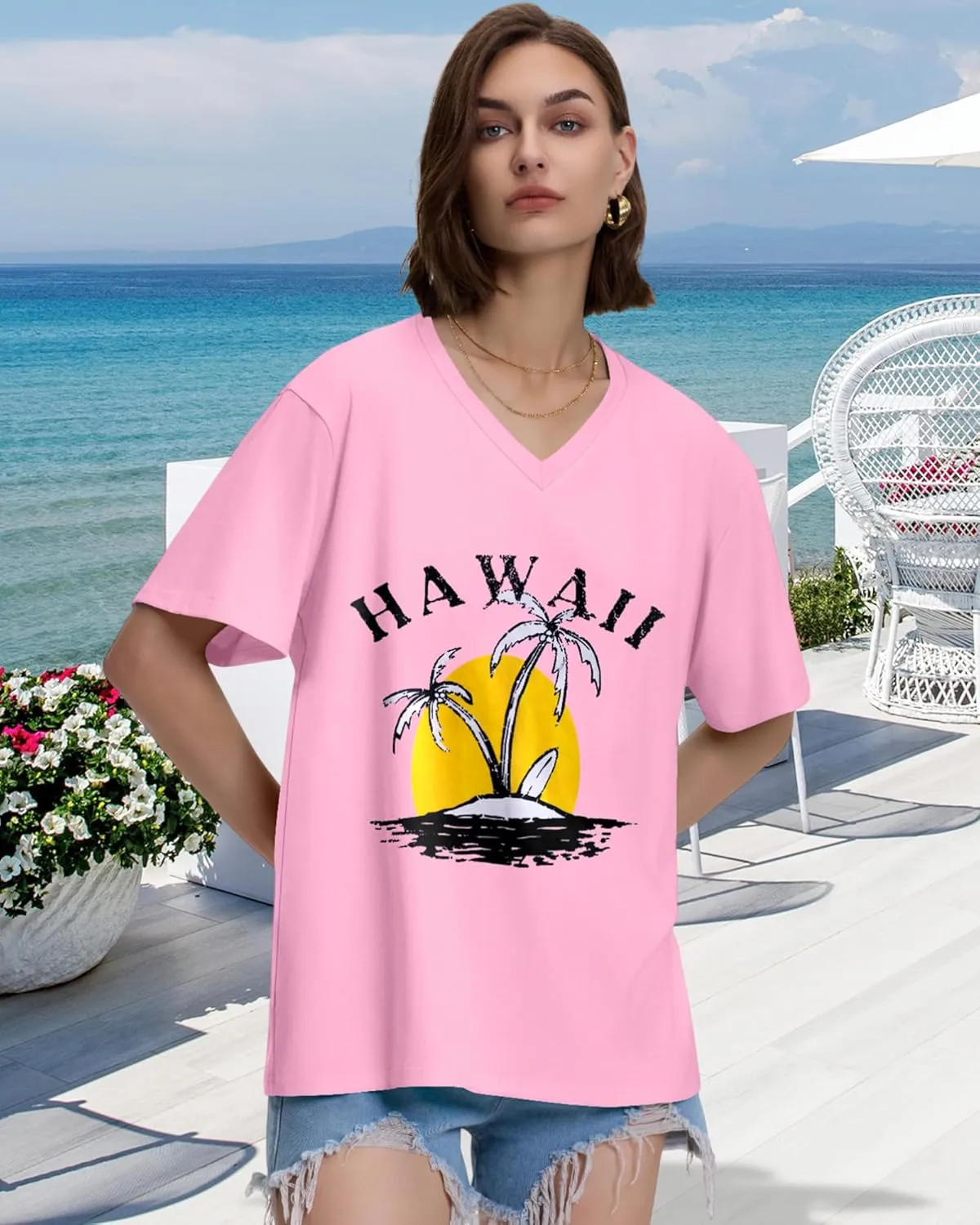 ADOREJOY Oversized Tshirts for Women V Neck Summer Short Sleeve Casual Loose Tunic Tees