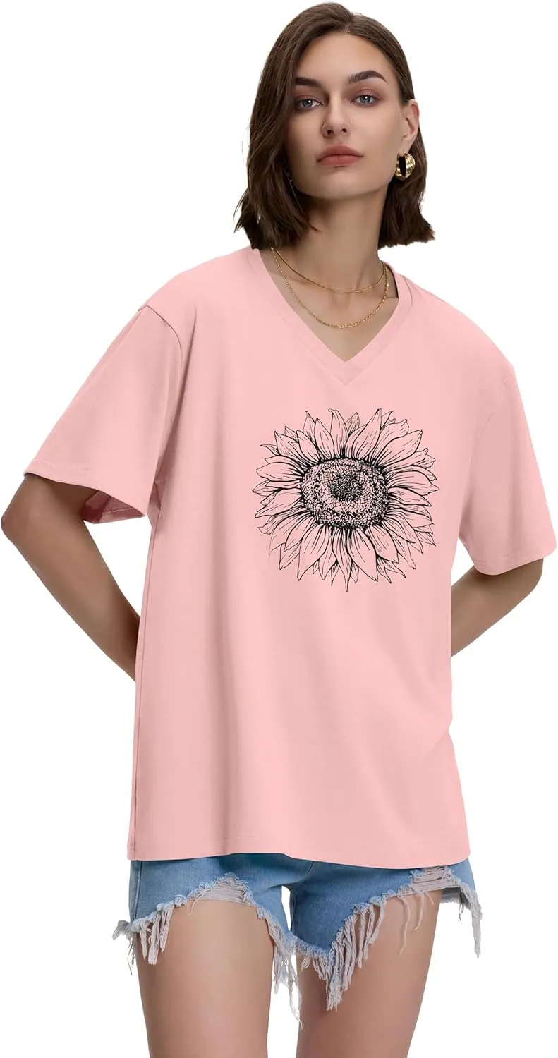 ADOREJOY Oversized Tshirts for Women V Neck Summer Short Sleeve Casual Loose Tunic Tees