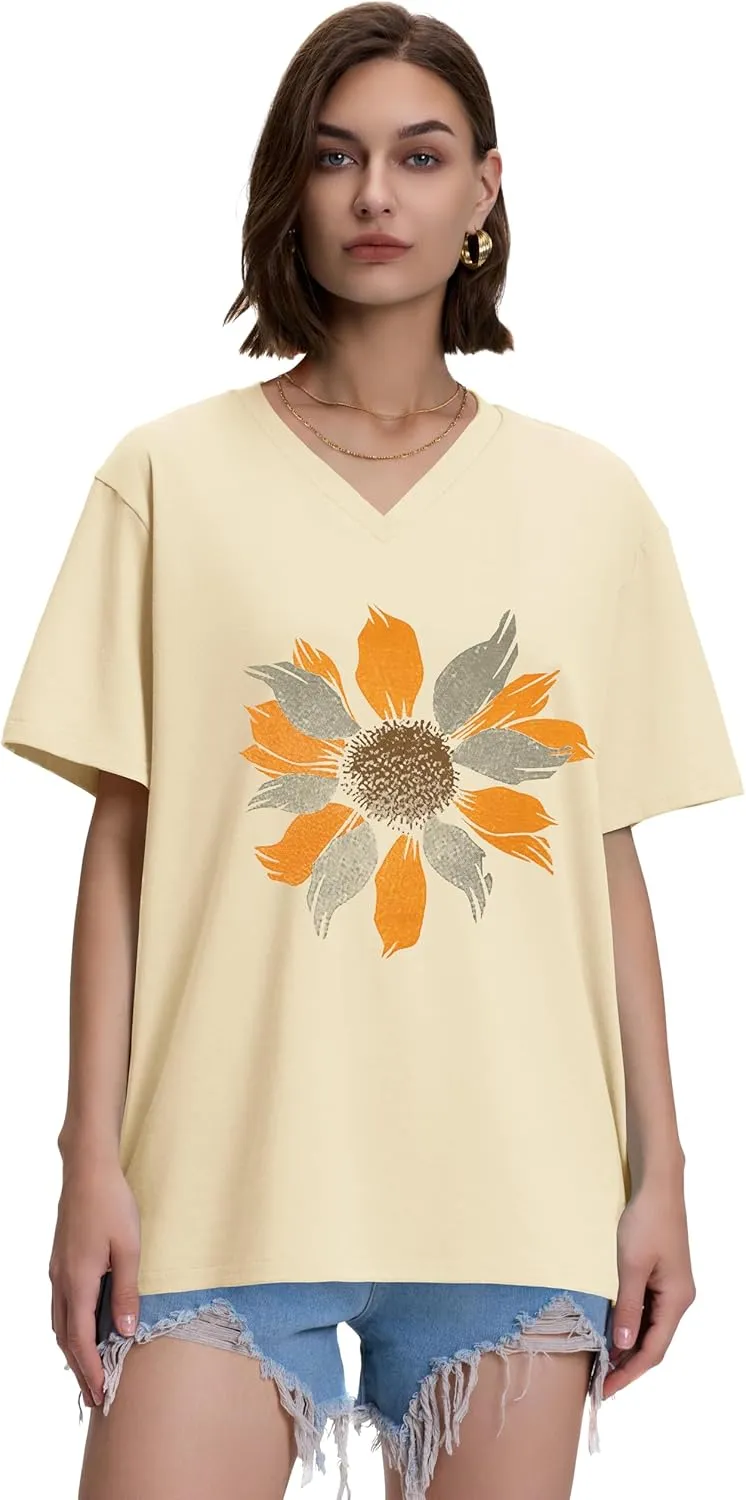 ADOREJOY Oversized Tshirts for Women V Neck Summer Short Sleeve Casual Loose Tunic Tees