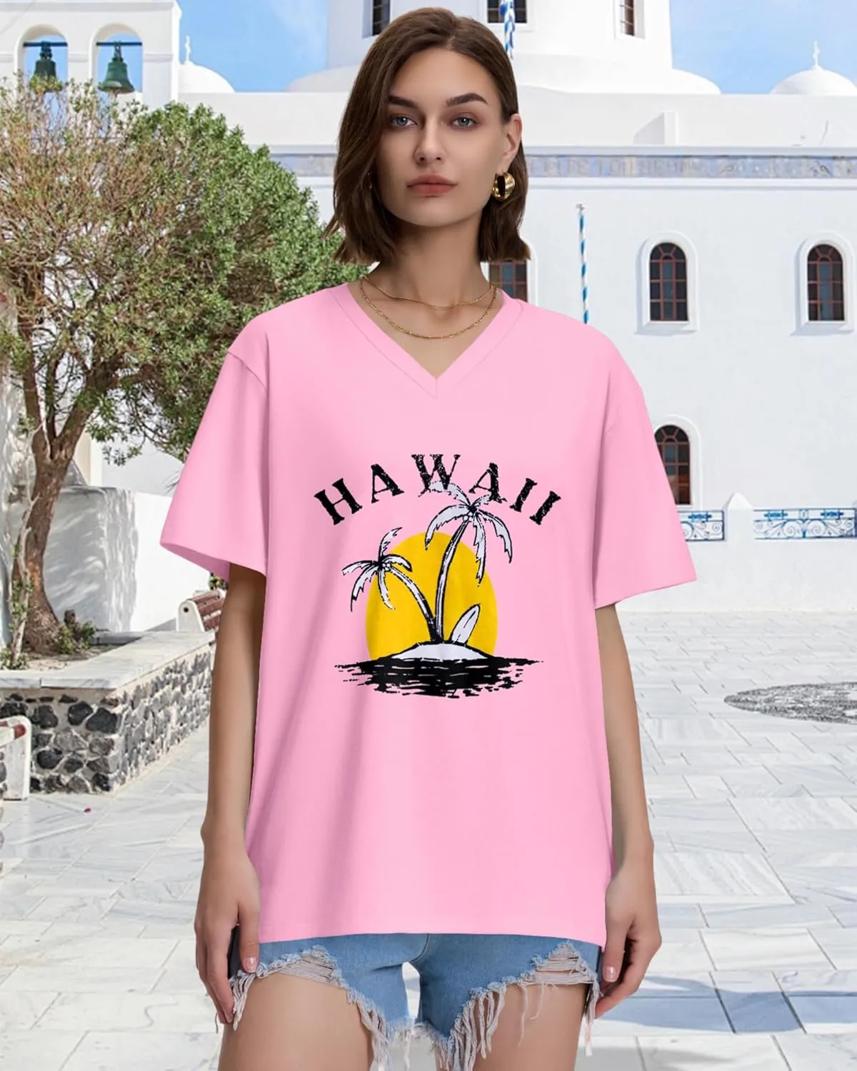 ADOREJOY Oversized Tshirts for Women V Neck Summer Short Sleeve Casual Loose Tunic Tees
