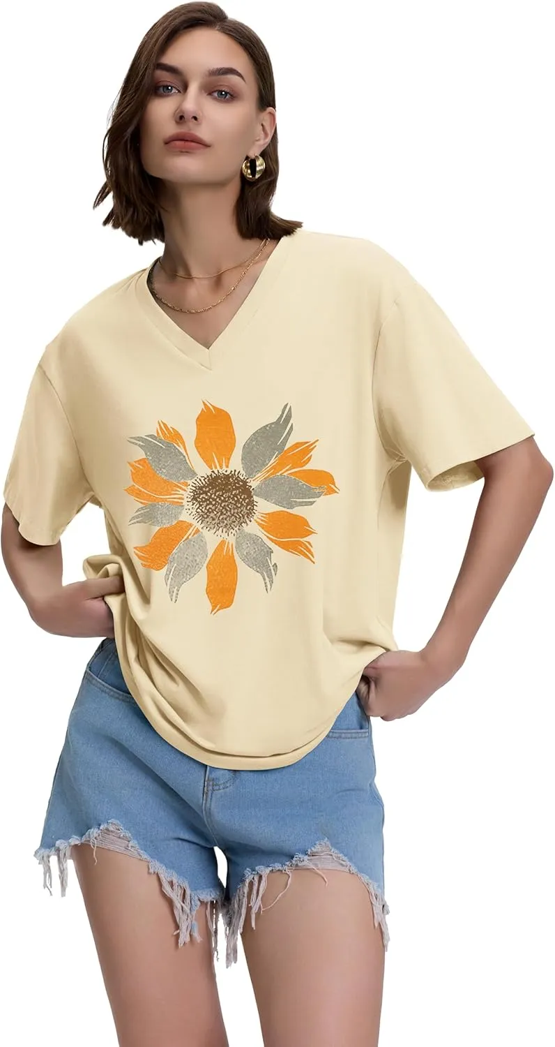 ADOREJOY Oversized Tshirts for Women V Neck Summer Short Sleeve Casual Loose Tunic Tees