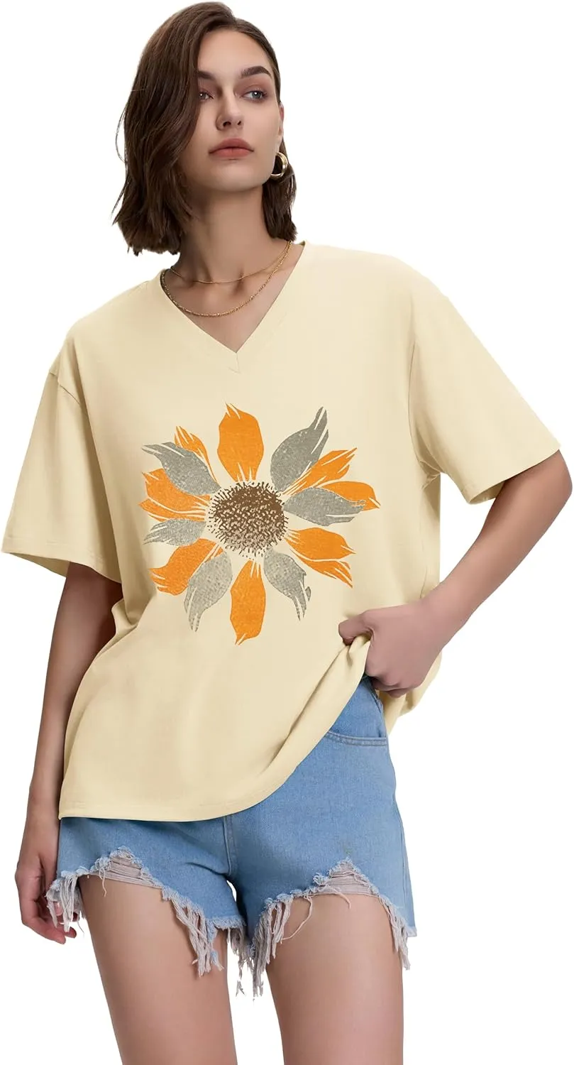 ADOREJOY Oversized Tshirts for Women V Neck Summer Short Sleeve Casual Loose Tunic Tees