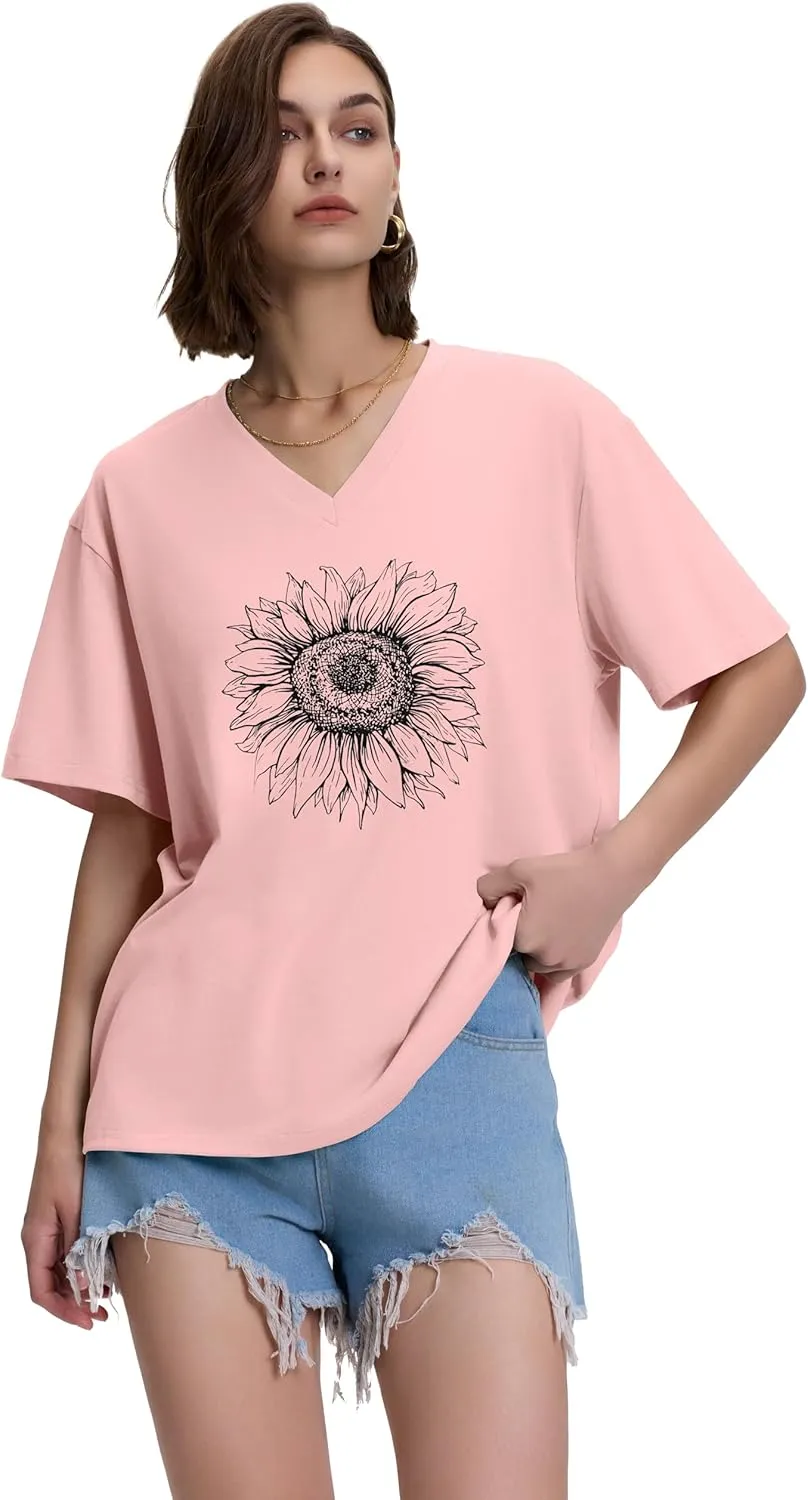 ADOREJOY Oversized Tshirts for Women V Neck Summer Short Sleeve Casual Loose Tunic Tees