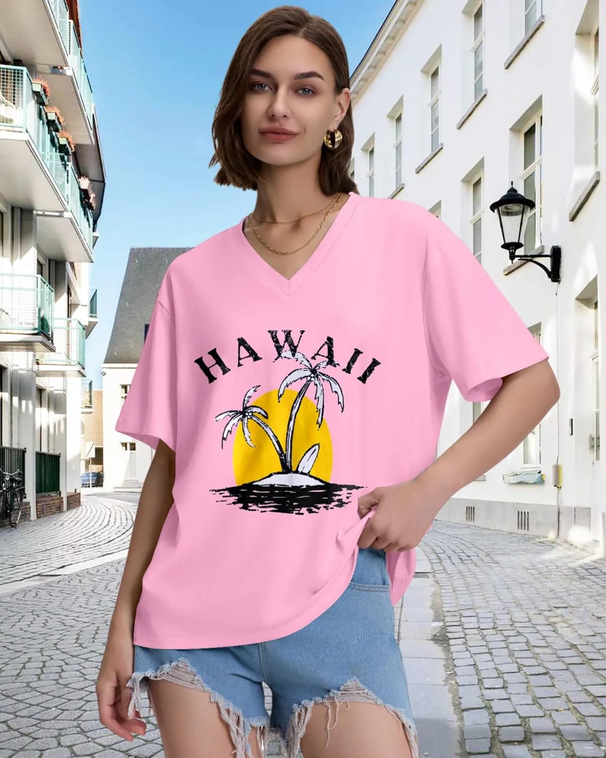 ADOREJOY Oversized Tshirts for Women V Neck Summer Short Sleeve Casual Loose Tunic Tees