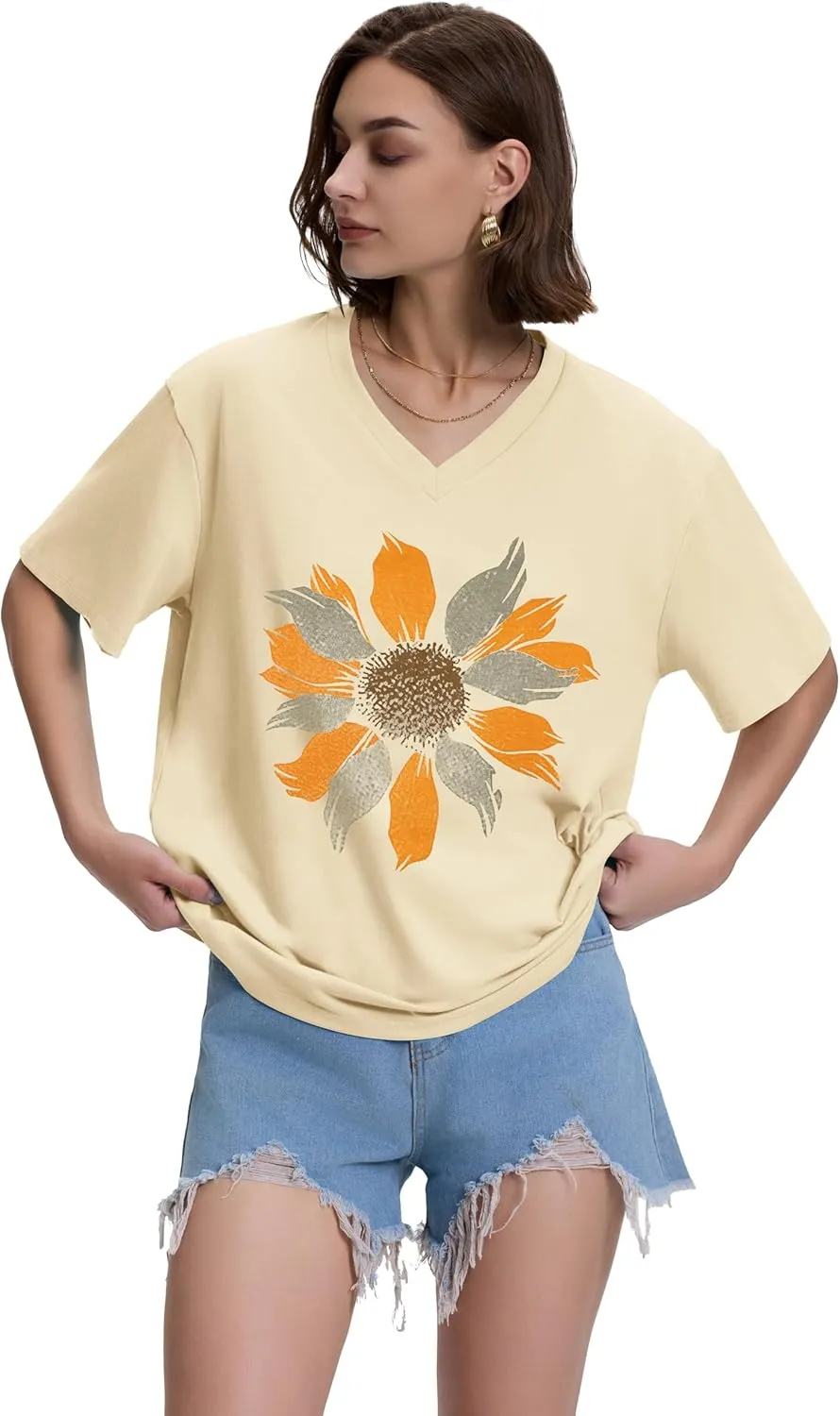 ADOREJOY Oversized Tshirts for Women V Neck Summer Short Sleeve Casual Loose Tunic Tees