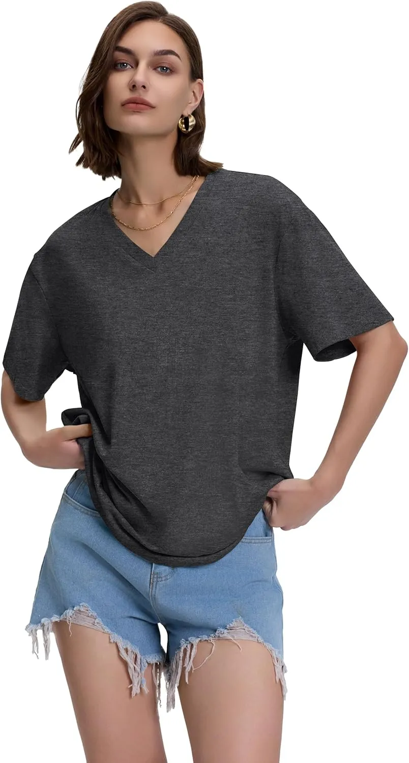 ADOREJOY Oversized Tshirts for Women V Neck Summer Short Sleeve Casual Loose Tunic Tees