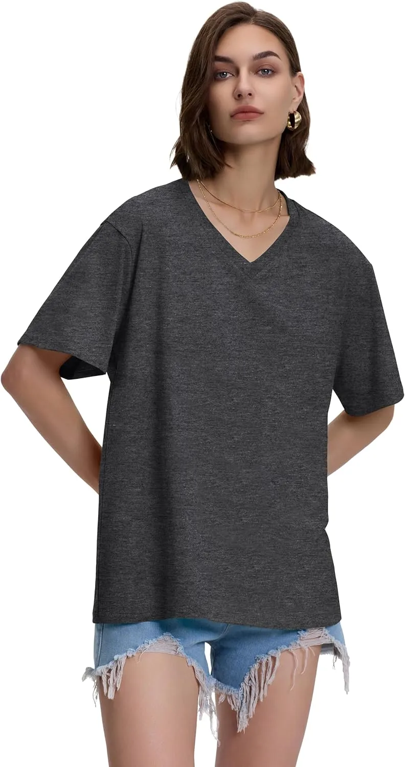 ADOREJOY Oversized Tshirts for Women V Neck Summer Short Sleeve Casual Loose Tunic Tees