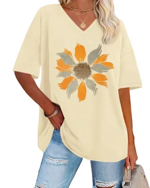 ADOREJOY Oversized Tshirts for Women V Neck Summer Short Sleeve Casual Loose Tunic Tees