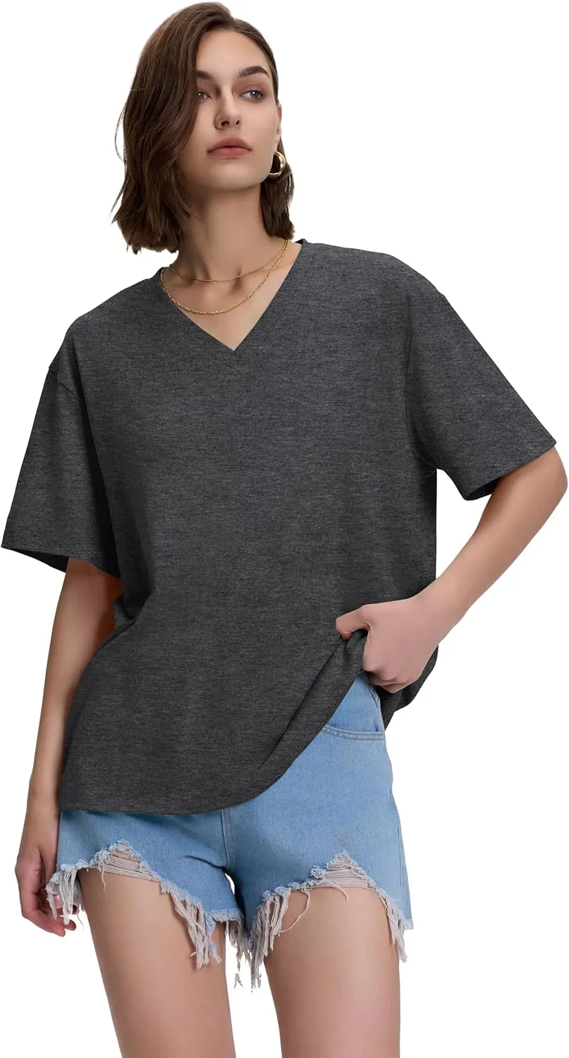 ADOREJOY Oversized Tshirts for Women V Neck Summer Short Sleeve Casual Loose Tunic Tees