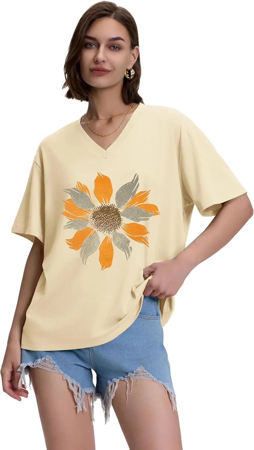 ADOREJOY Oversized Tshirts for Women V Neck Summer Short Sleeve Casual Loose Tunic Tees