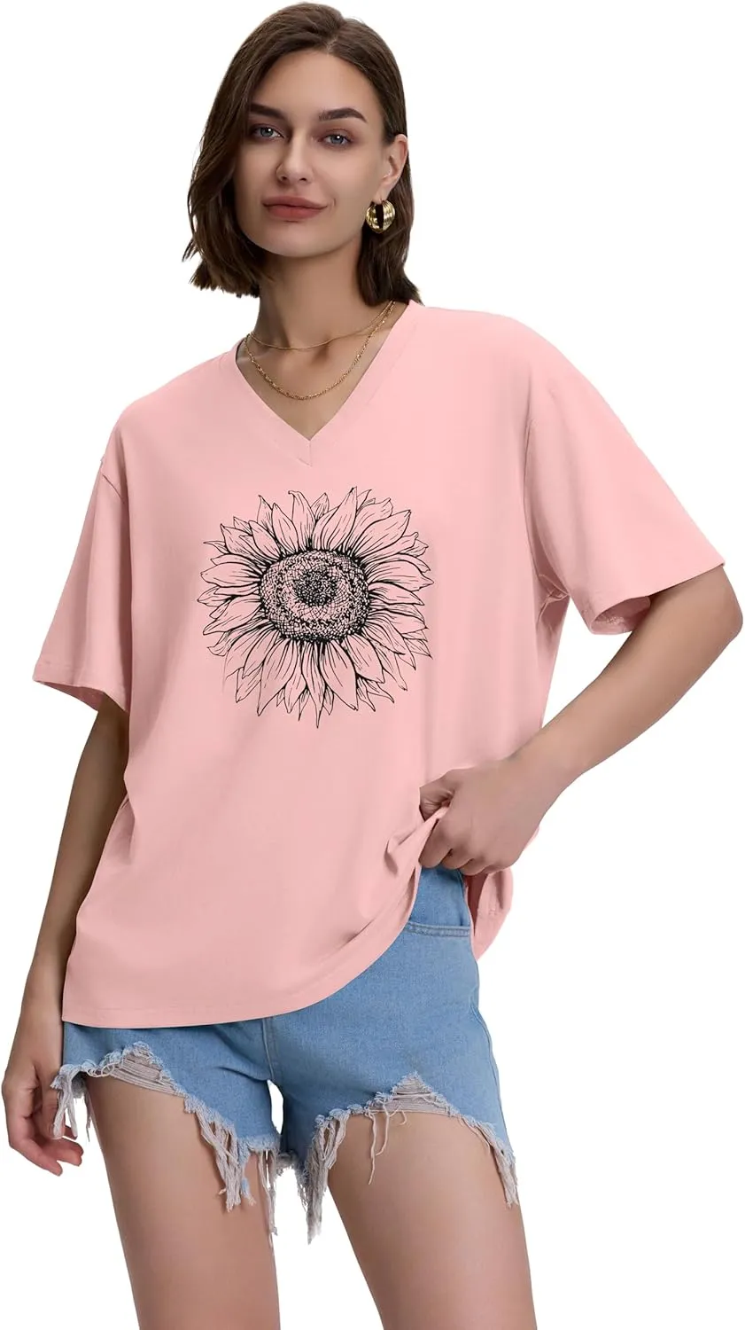 ADOREJOY Oversized Tshirts for Women V Neck Summer Short Sleeve Casual Loose Tunic Tees