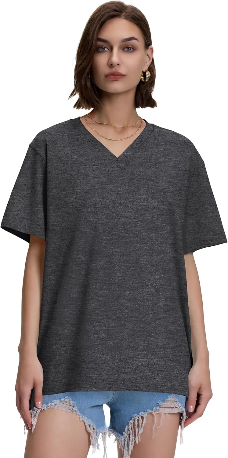 ADOREJOY Oversized Tshirts for Women V Neck Summer Short Sleeve Casual Loose Tunic Tees