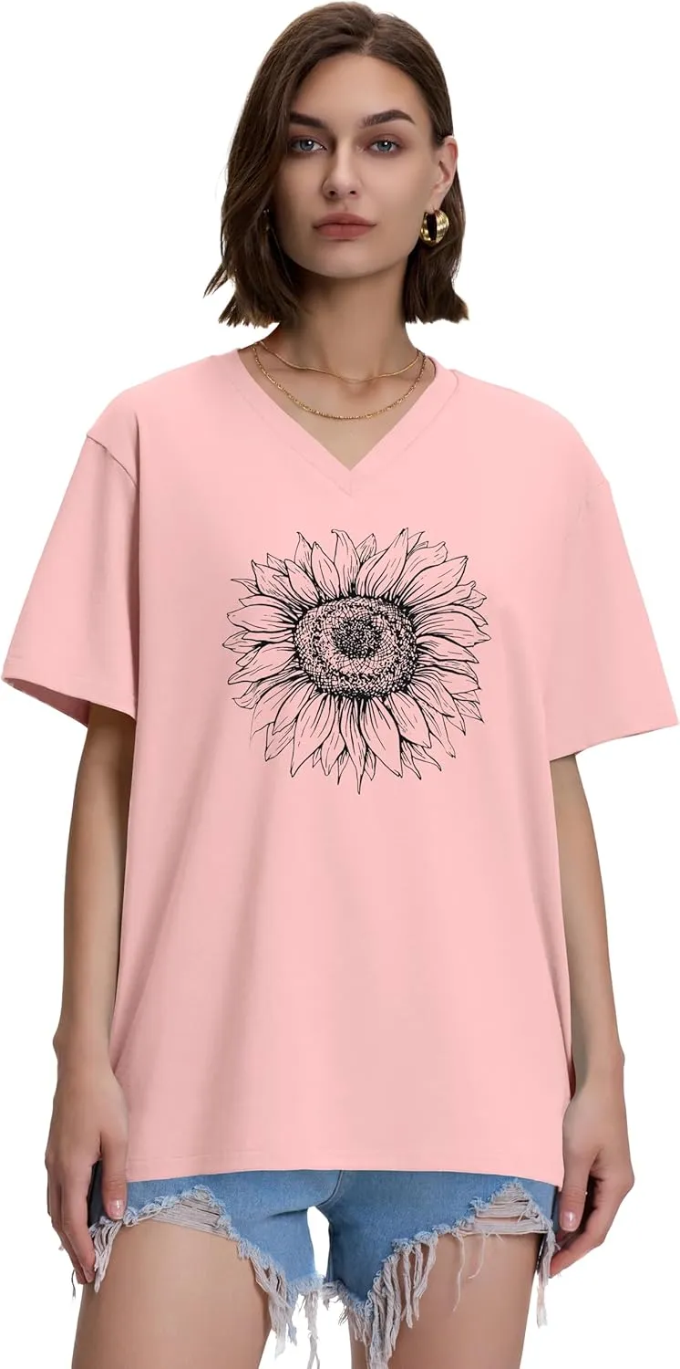 ADOREJOY Oversized Tshirts for Women V Neck Summer Short Sleeve Casual Loose Tunic Tees