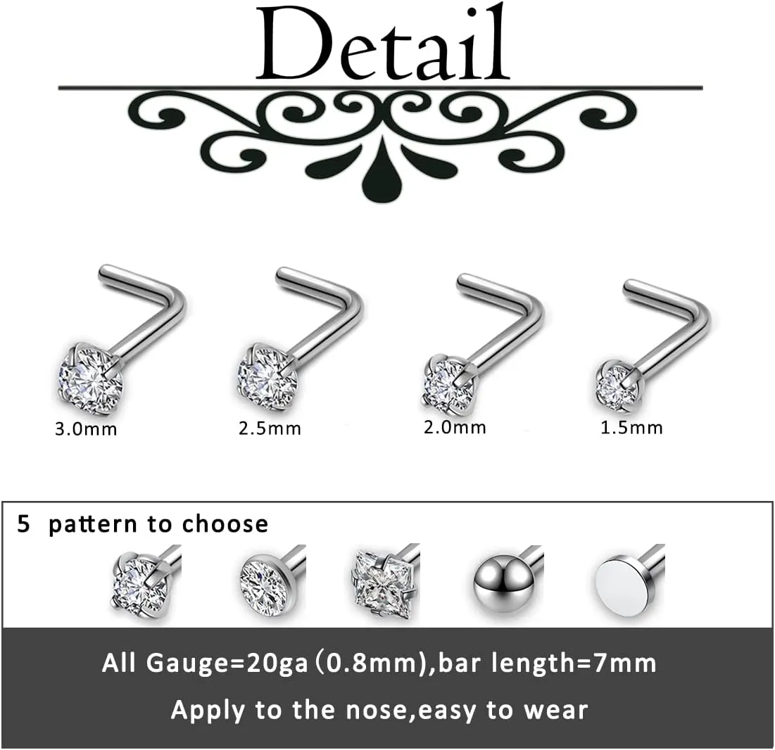 AllerPierce 20G 20Pcs Nose Studs Rings Stainless Steel CZ L Shape Bone Screw Stud Nose Piercing Jewelry for Women Men Hypoallergenic Nose Pin 1.5mm 2mm 2.5mm 3mm