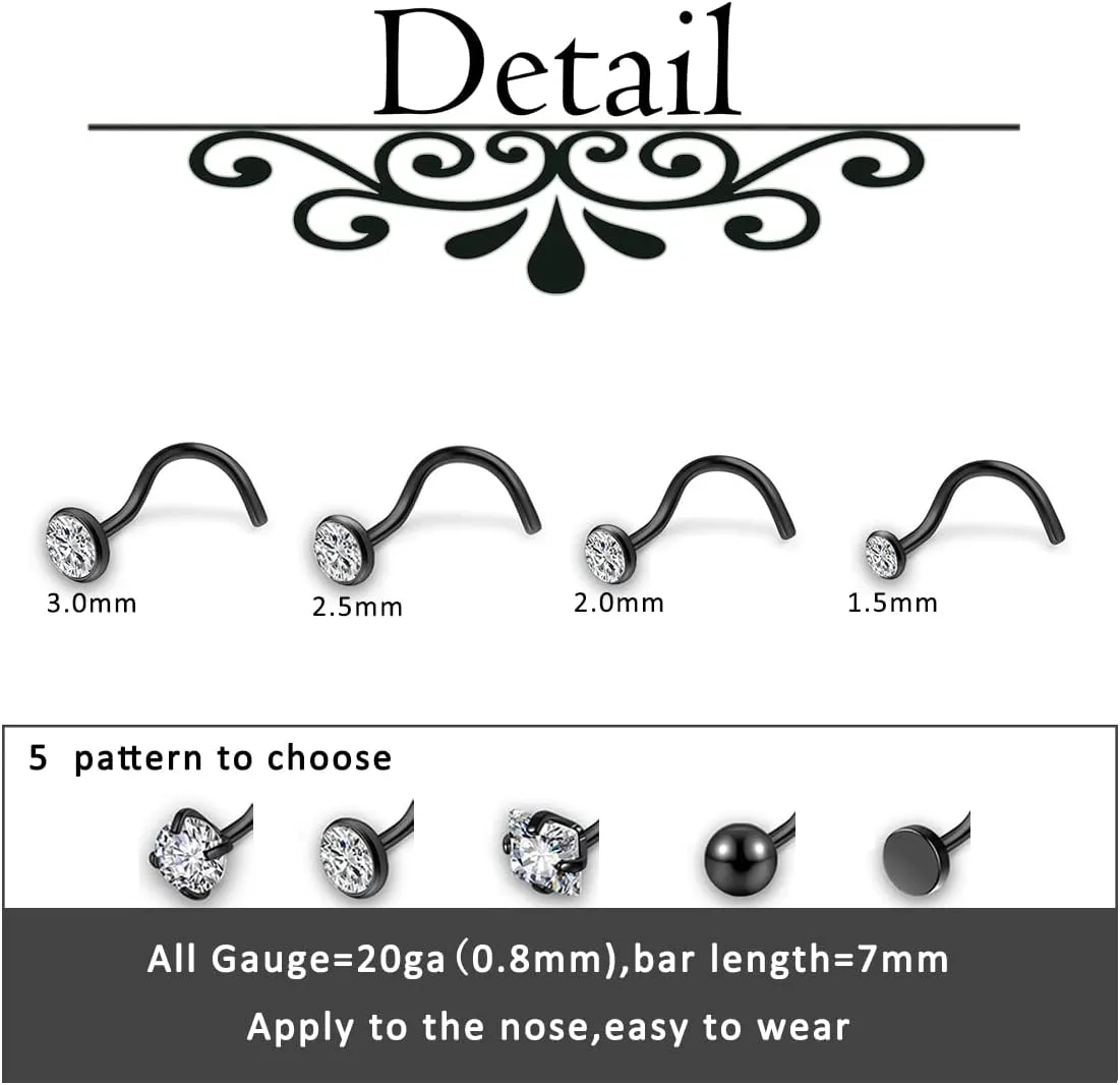 AllerPierce 20G 20Pcs Nose Studs Rings Stainless Steel CZ L Shape Bone Screw Stud Nose Piercing Jewelry for Women Men Hypoallergenic Nose Pin 1.5mm 2mm 2.5mm 3mm
