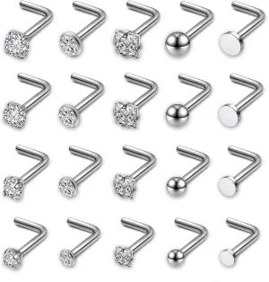 AllerPierce 20G 20Pcs Nose Studs Rings Stainless Steel CZ L Shape Bone Screw Stud Nose Piercing Jewelry for Women Men Hypoallergenic Nose Pin 1.5mm 2mm 2.5mm 3mm
