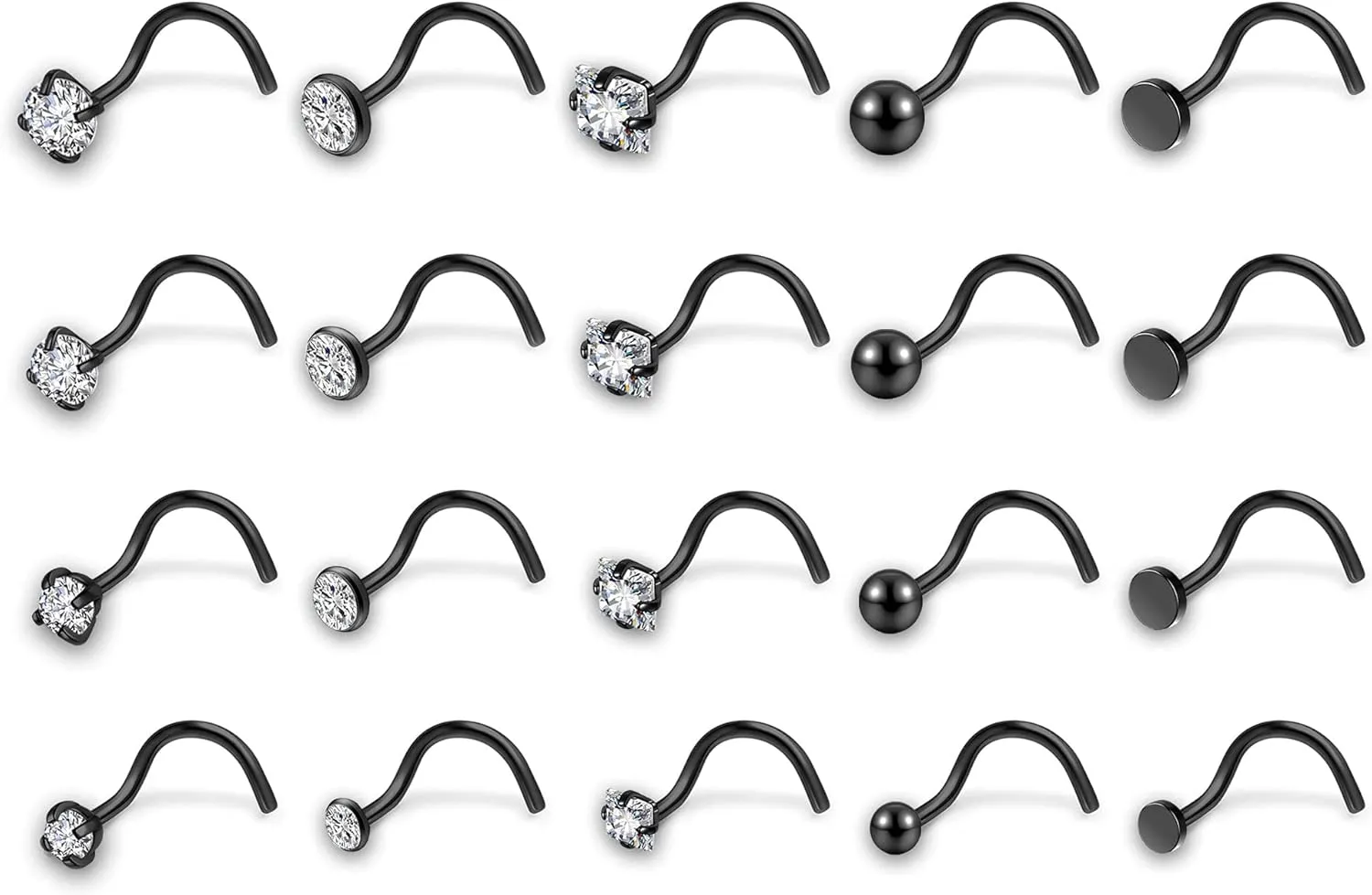 AllerPierce 20G 20Pcs Nose Studs Rings Stainless Steel CZ L Shape Bone Screw Stud Nose Piercing Jewelry for Women Men Hypoallergenic Nose Pin 1.5mm 2mm 2.5mm 3mm
