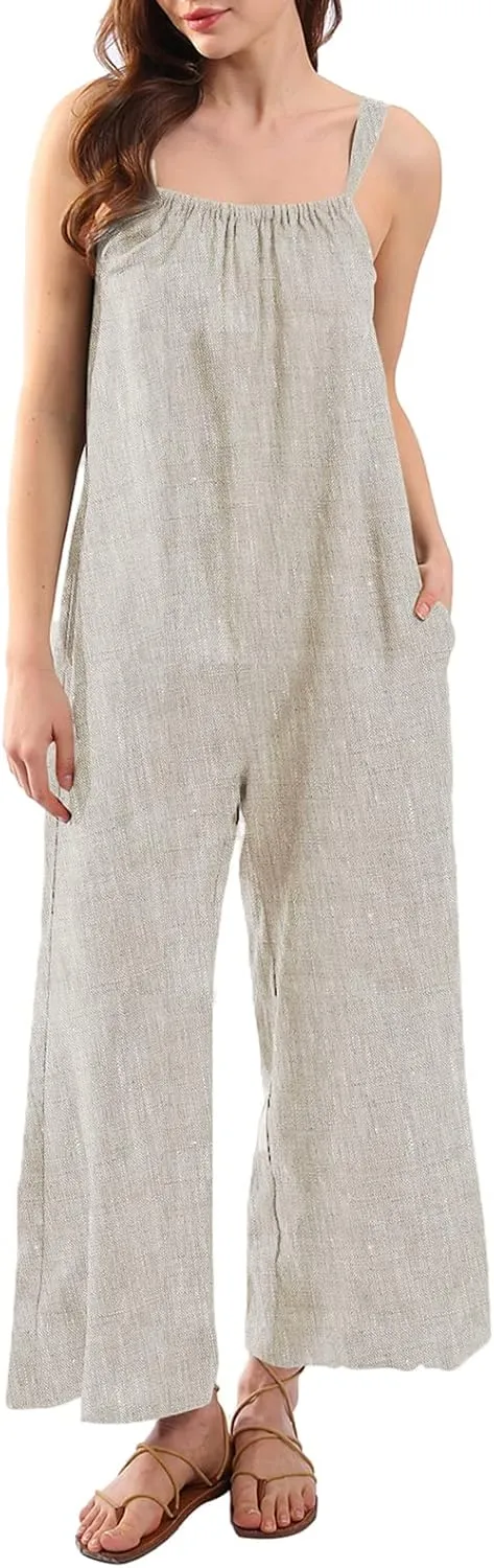 Amazhiyu Womens Pure Linen Loose Sleeveless Back Tie Wide Leg Jumpsuits with Pockets