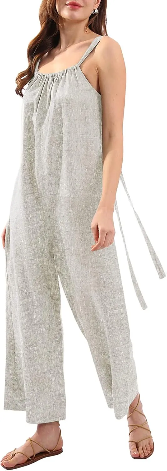 Amazhiyu Womens Pure Linen Loose Sleeveless Back Tie Wide Leg Jumpsuits with Pockets