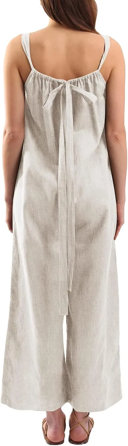 Amazhiyu Womens Pure Linen Loose Sleeveless Back Tie Wide Leg Jumpsuits with Pockets