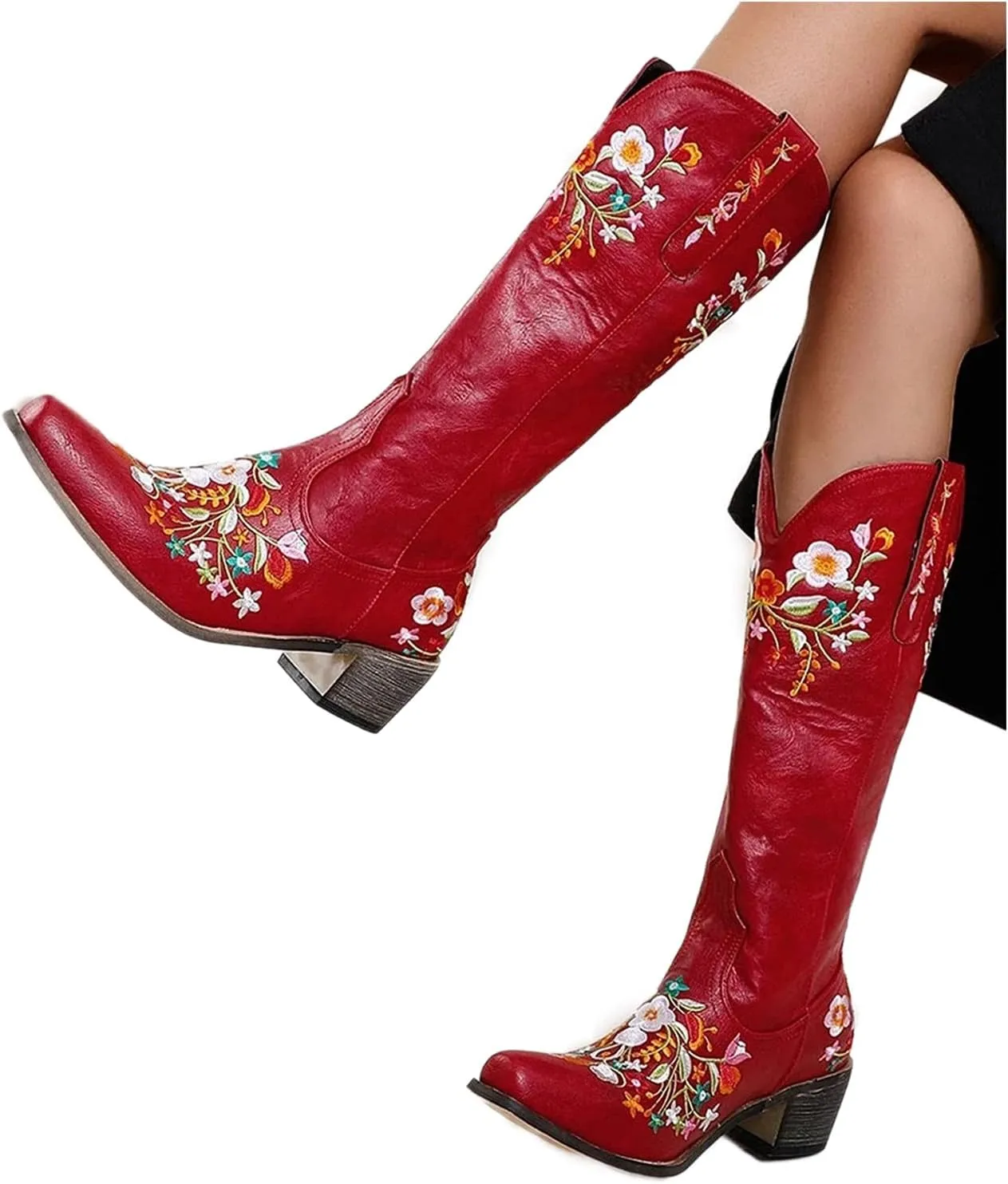 AMDBEL Boots For Women Cowboy Style, Chelsea Boots Women Flower Embroidery Mid Calf Chunky Platform Boots Cowgirls Boots
