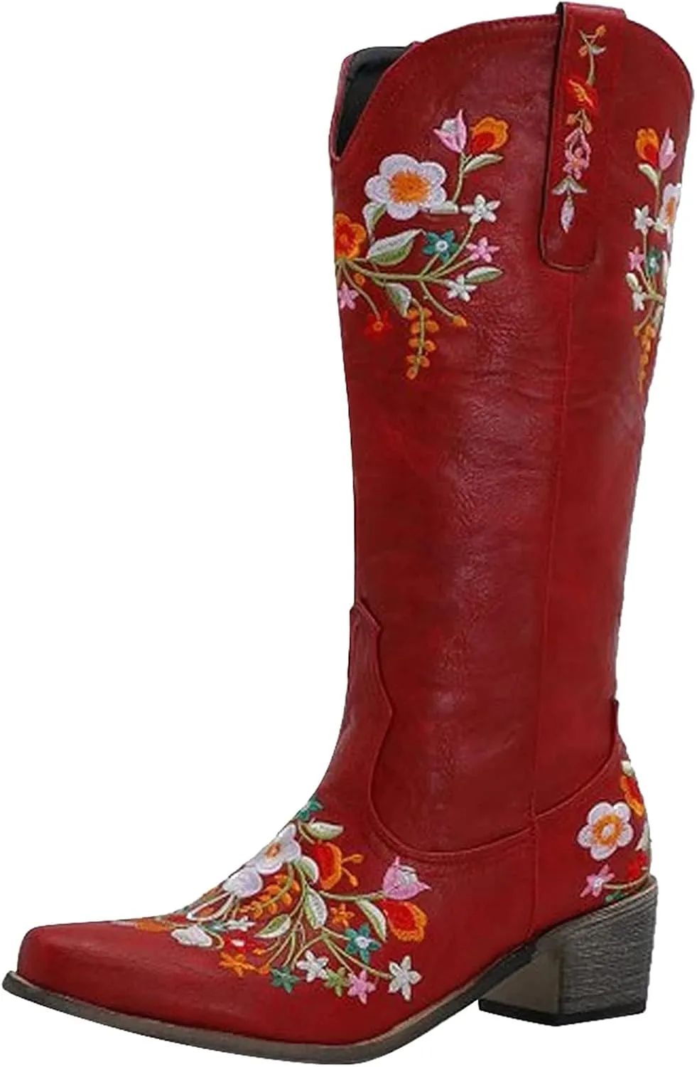 AMDBEL Boots For Women Cowboy Style, Chelsea Boots Women Flower Embroidery Mid Calf Chunky Platform Boots Cowgirls Boots