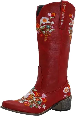 AMDBEL Boots For Women Cowboy Style, Chelsea Boots Women Flower Embroidery Mid Calf Chunky Platform Boots Cowgirls Boots