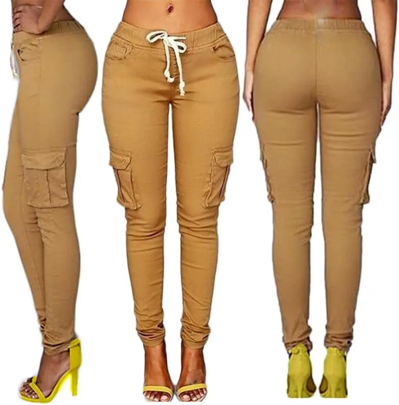 Andongnywell Womens Solid Color Drawstring Skinny Pants Stretch Cargo Joggers Casual Pockets Pants Tie Butt Lift Pant