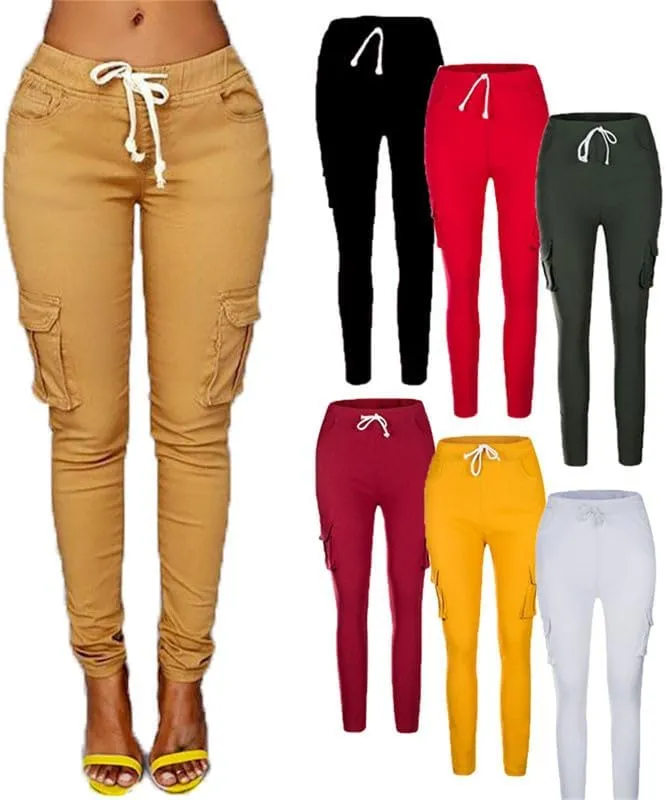 Andongnywell Womens Solid Color Drawstring Skinny Pants Stretch Cargo Joggers Casual Pockets Pants Tie Butt Lift Pant