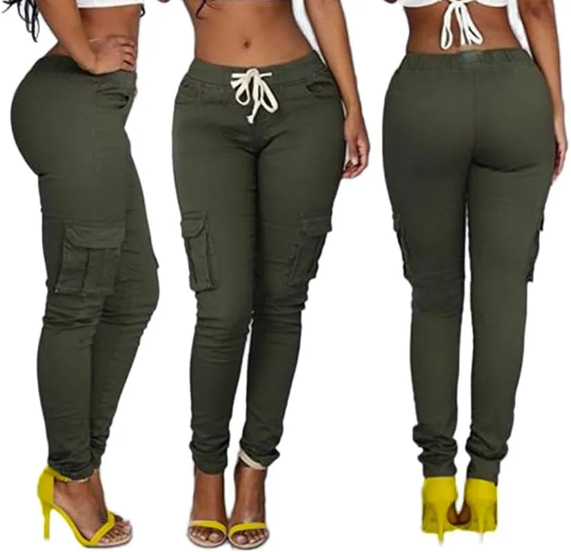 Andongnywell Womens Solid Color Drawstring Skinny Pants Stretch Cargo Joggers Casual Pockets Pants Tie Butt Lift Pant
