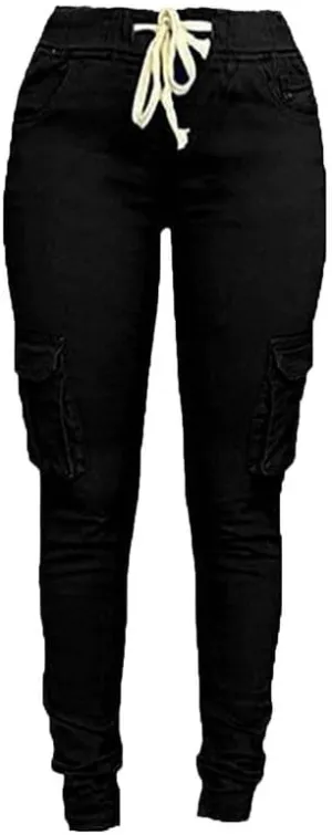 Andongnywell Womens Solid Color Drawstring Skinny Pants Stretch Cargo Joggers Casual Pockets Pants Tie Butt Lift Pant
