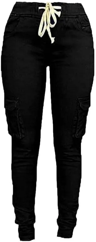 Andongnywell Womens Solid Color Drawstring Skinny Pants Stretch Cargo Joggers Casual Pockets Pants Tie Butt Lift Pant