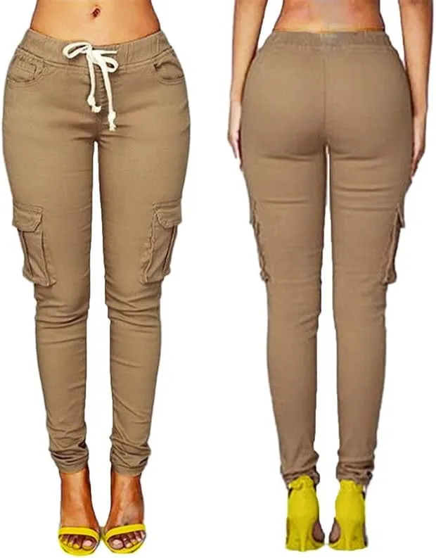Andongnywell Womens Solid Color Drawstring Skinny Pants Stretch Cargo Joggers Casual Pockets Pants Tie Butt Lift Pant