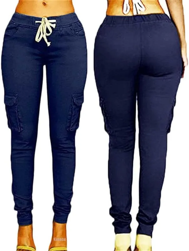 Andongnywell Womens Solid Color Drawstring Skinny Pants Stretch Cargo Joggers Casual Pockets Pants Tie Butt Lift Pant