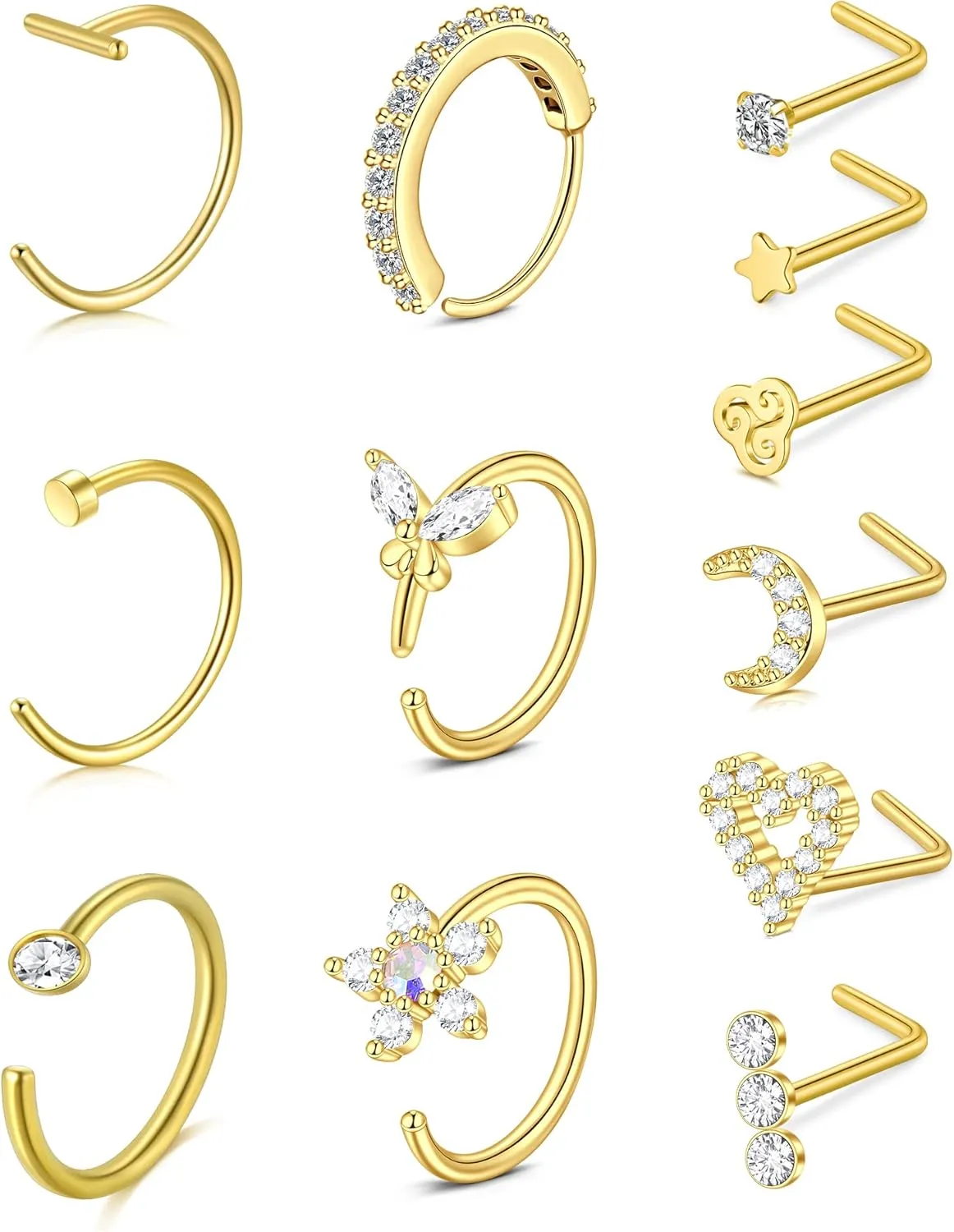 Anicina Nose Rings - 18G Hoops & Studs Piercing Kit - Surgical Steel - L Shape - CZ Heart & Moon Piercings - Silver, Gold, Rose Gold