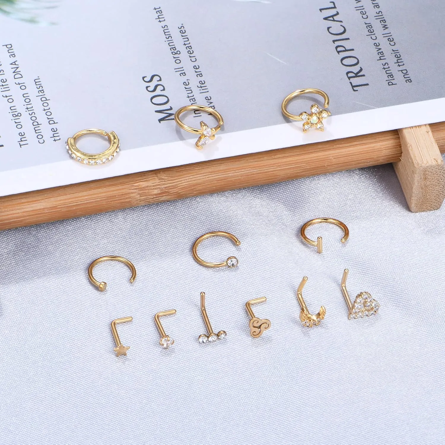 Anicina Nose Rings - 18G Hoops & Studs Piercing Kit - Surgical Steel - L Shape - CZ Heart & Moon Piercings - Silver, Gold, Rose Gold