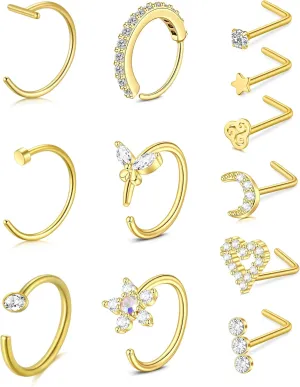 Anicina Nose Rings - 18G Hoops & Studs Piercing Kit - Surgical Steel - L Shape - CZ Heart & Moon Piercings - Silver, Gold, Rose Gold