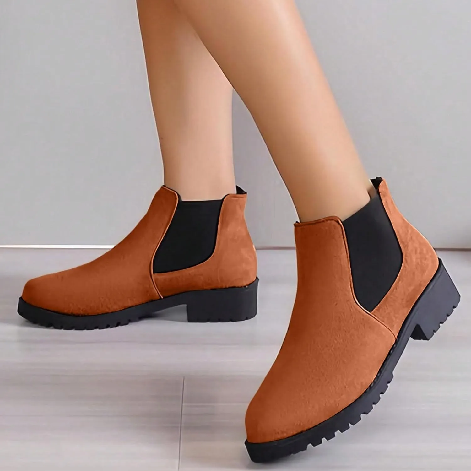 Ankle Boots for Women Dressy Fall Boots for Women 2024 Suede Round Toe Elasticized Mouth Sleeve Low Heel Booties