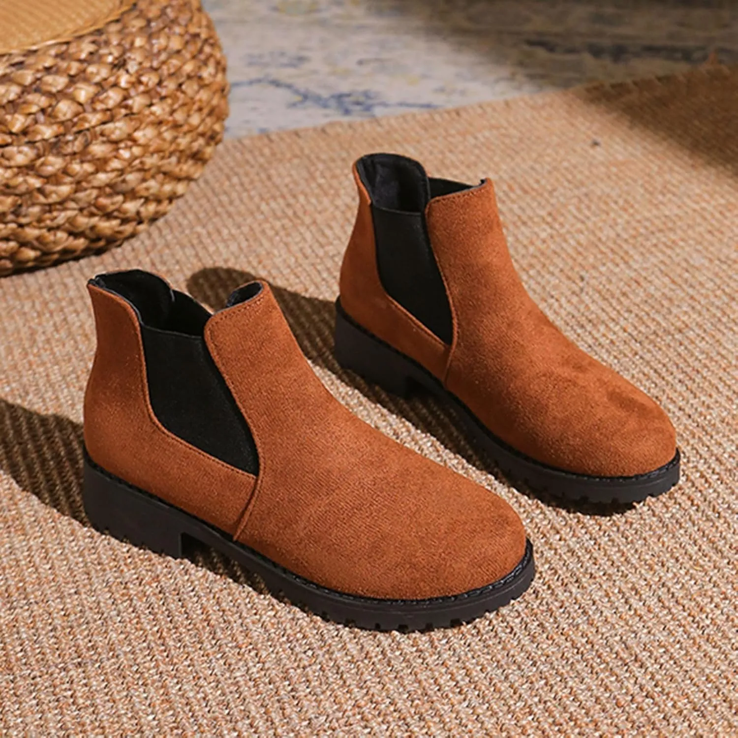 Ankle Boots for Women Dressy Fall Boots for Women 2024 Suede Round Toe Elasticized Mouth Sleeve Low Heel Booties