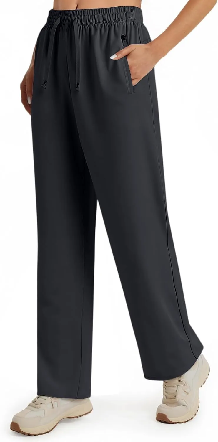 Athletic Workout Pants Women Loose Fit Stretch Active Quick Dry Breathable Baggy Pants Straight Leg with Zip Pockets