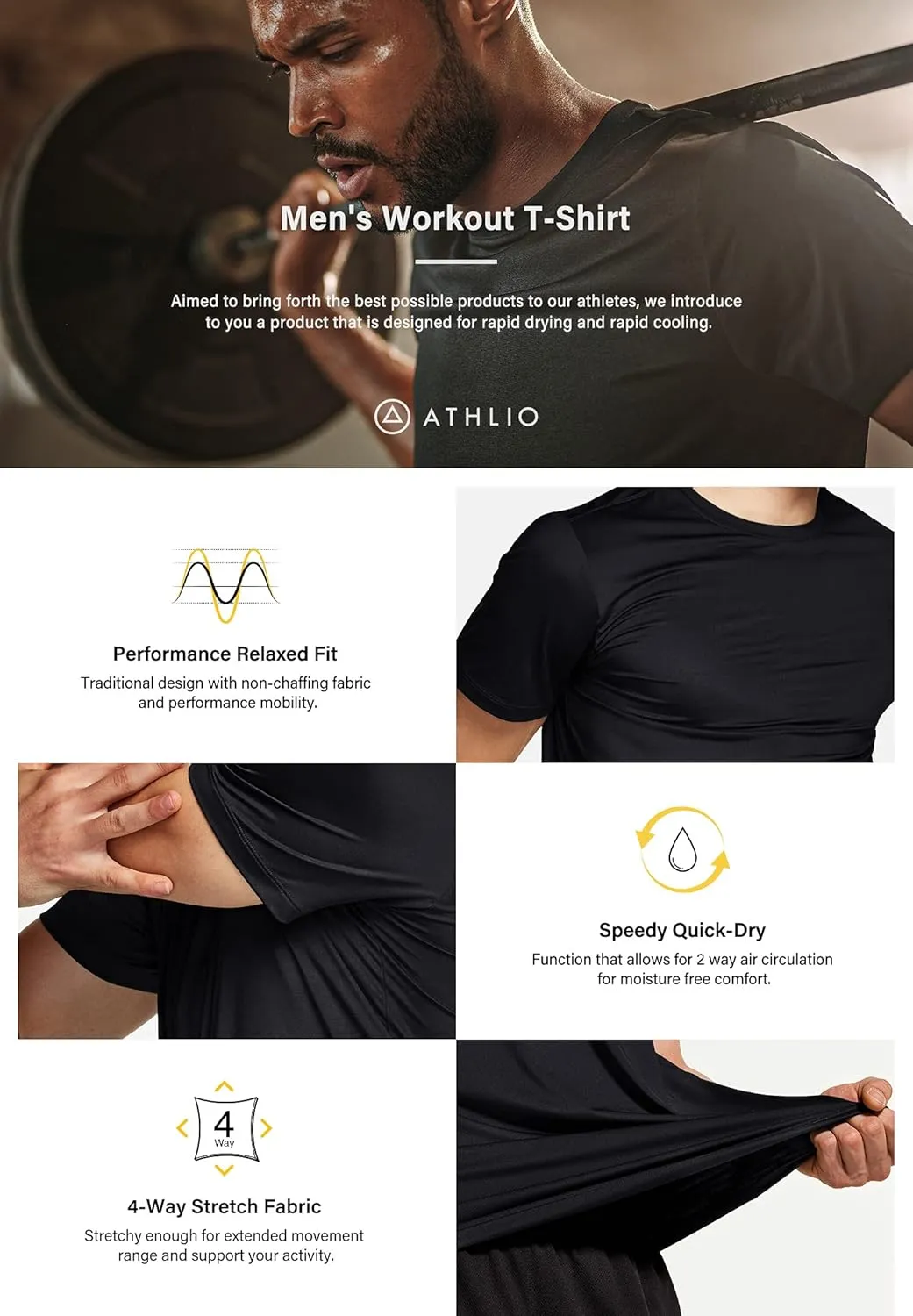 ATHLIO Men's Workout Running Shirts, Sun Protection Quick Dry Athletic Shirts, Short Sleeve Gym T-Shirts