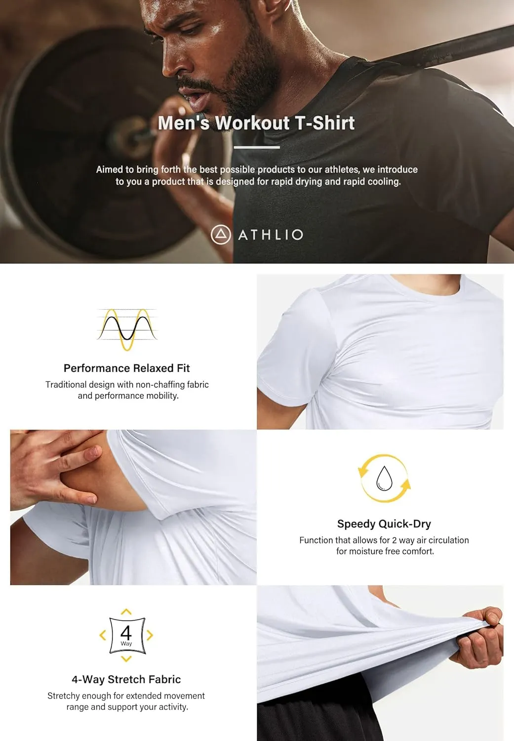 ATHLIO Men's Workout Running Shirts, Sun Protection Quick Dry Athletic Shirts, Short Sleeve Gym T-Shirts